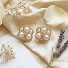 Load image into Gallery viewer, Clip on Gold Stacked Pearl Dome Pave Earrings
