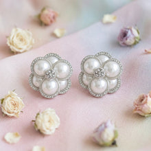 Load image into Gallery viewer, Clip on Silver Stacked Pearl Dome Pave Earrings
