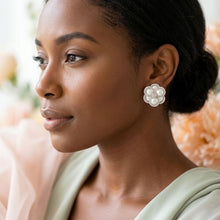 Load image into Gallery viewer, Clip on Silver Stacked Pearl Dome Pave Earrings

