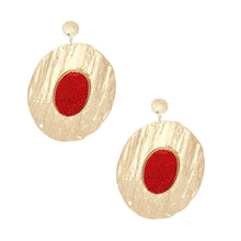 Load image into Gallery viewer, Drop Dramatic Large Gold Oval Red Inset Earrings
