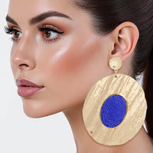 Load image into Gallery viewer, Drop Dramatic Large Gold Oval Blue Inset Earrings
