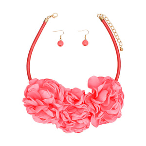 Bib Pink Triple Fabric Flower Necklace for Women