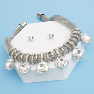 Choker Silver Mesh Round Crystal Slide Necklace