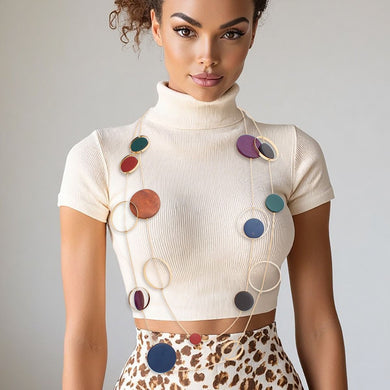 Long Multicolor Wood Disc Layered Gold Necklace