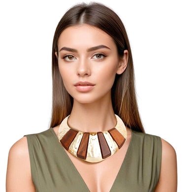 Collar Bold Brown Wood Inlay Gold Armor Necklace