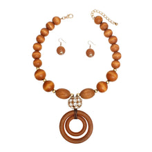 Load image into Gallery viewer, Pendant Brown Wooden Bead and Rings Necklace Set
