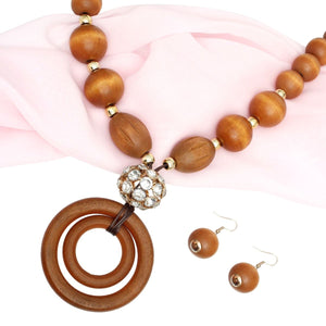 Pendant Brown Wooden Bead and Rings Necklace Set