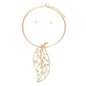 Necklace Gold Aurbo Stone Leaf Pendant Set Women