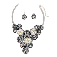 Load image into Gallery viewer, Necklace Black Silver Coiled Wire Clover Bib Set
