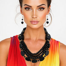 Load image into Gallery viewer, Beaded Eco-Chic Black Geo Wood Layered Necklace
