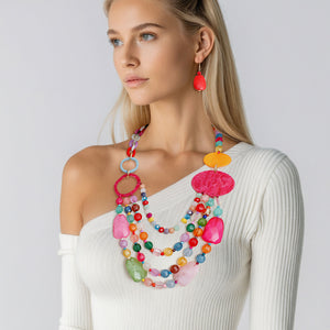 Beaded Multicolor Long Layered Marbled Necklace