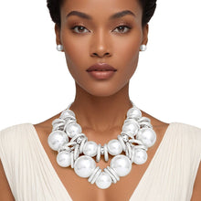 Load image into Gallery viewer, Necklace Jumbo White Pearl Silver Link Bib Set
