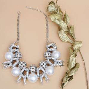 Necklace High Impact Silver Pearl Glam Bib Set