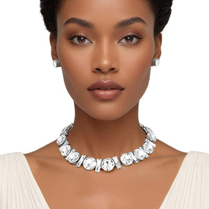 Jeweled Collar Silver Round Baguette Crystal Set