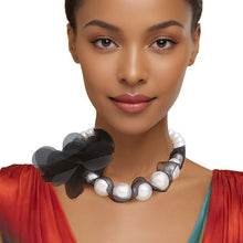 Load image into Gallery viewer, Graduated Pearl Black Fabric Flower Woven Necklace

