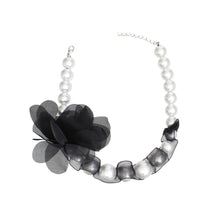 Load image into Gallery viewer, Graduated Pearl Black Fabric Flower Woven Necklace

