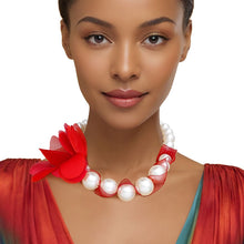 Load image into Gallery viewer, Graduated Pearl Red Fabric Flower Woven Necklace
