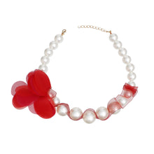 Load image into Gallery viewer, Graduated Pearl Red Fabric Flower Woven Necklace
