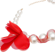 Load image into Gallery viewer, Graduated Pearl Red Fabric Flower Woven Necklace
