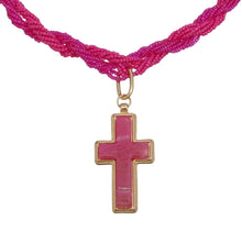 Load image into Gallery viewer, Pendant Fuchsia Twisted Bead Marbled Cross Necklace
