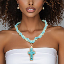 Load image into Gallery viewer, Pendant Turquoise Twisted Bead Cross Necklace
