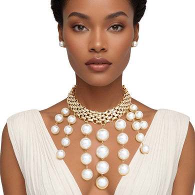 Choker Modernist Gold Woven Chain Pearl Drop Set