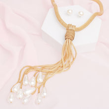 Load image into Gallery viewer, Tassel Necklace Gold Teardrop Pearl Leather Set
