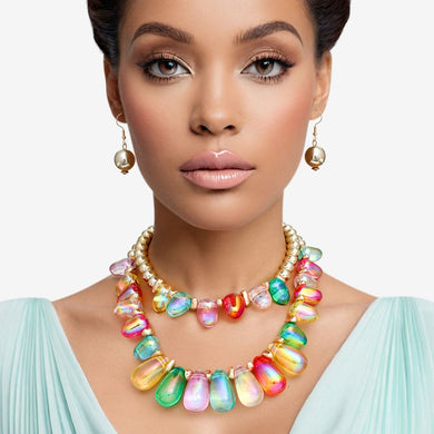 Beaded Multi Iridescent Teardrop Bead Necklace
