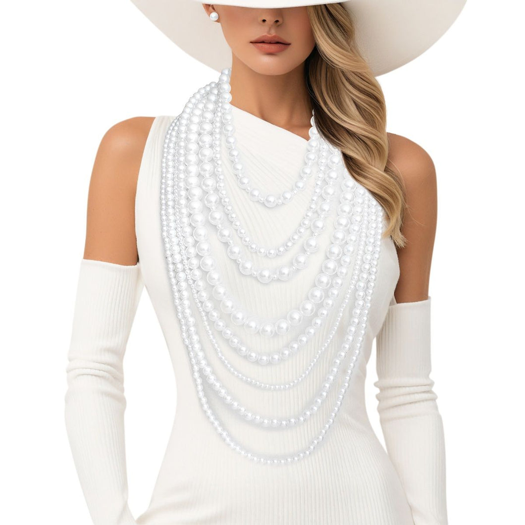 Pearl 8 Strand White Multi Layer Long Necklace