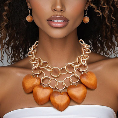 Bib Chunky Brown Wooden Heart Bead Necklace
