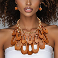 Load image into Gallery viewer, Bib Tribal Chic Brown Teardrop Wood Bead Necklace
