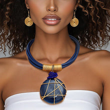 Load image into Gallery viewer, Pendant Blue Leather Wire Wrapped Resin Necklace
