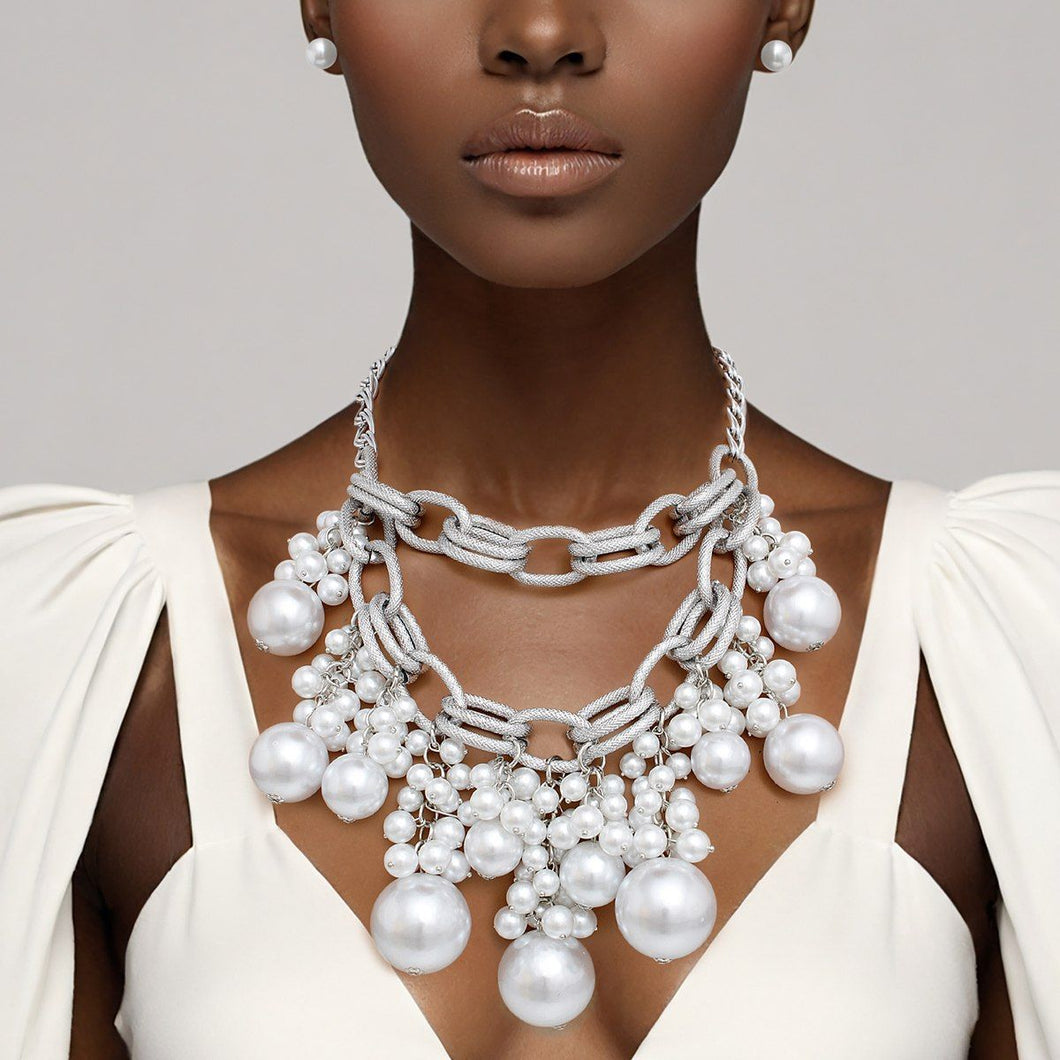 Bib Dreamy Drop White Pearl Silver Chain Necklace