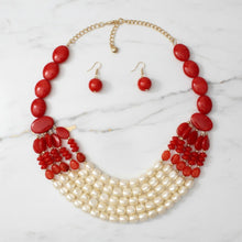 Load image into Gallery viewer, Beaded Marbed Red and Creamy Shine Layer Necklace
