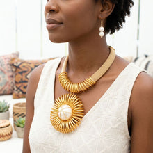 Load image into Gallery viewer, Gold Mesh Necklace with Spiral Sunburst Pendant
