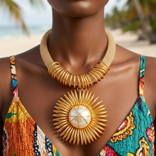 Load image into Gallery viewer, Gold Mesh Necklace with Spiral Sunburst Pendant
