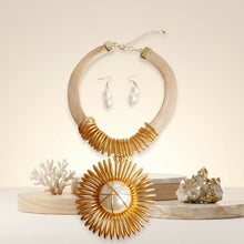 Load image into Gallery viewer, Gold Mesh Necklace with Spiral Sunburst Pendant
