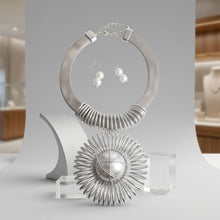 Load image into Gallery viewer, Silver Mesh Necklace with Spiral Sunburst Pendant

