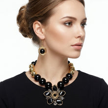 Load image into Gallery viewer, Black and Gold Jumbo Bead Flower Pendant Necklace
