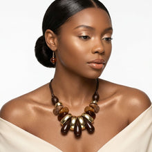 Load image into Gallery viewer, Brown &amp; Gold Resin Teardrop Cord Tribal Necklace
