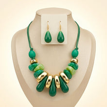 Load image into Gallery viewer, Green &amp; Gold Resin Teardrop Cord Tribal Necklace
