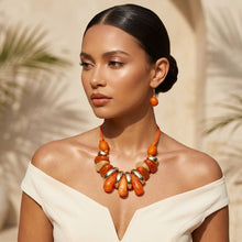 Load image into Gallery viewer, Orange &amp; Gold Resin Teardrop Cord Tribal Necklace
