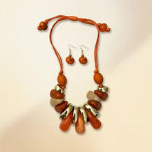 Load image into Gallery viewer, Orange &amp; Gold Resin Teardrop Cord Tribal Necklace
