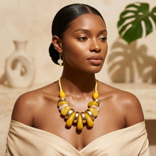 Load image into Gallery viewer, Yellow &amp; Gold Resin Teardrop Cord Tribal Necklace
