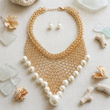 Load image into Gallery viewer, Gold Mesh Pearl Bib Necklace with Chain Fringe
