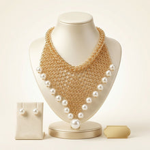 Load image into Gallery viewer, Gold Mesh Pearl Bib Necklace with Chain Fringe
