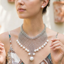 Load image into Gallery viewer, Silver Mesh Pearl Bib Necklace with Chain Fringe
