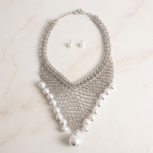 Load image into Gallery viewer, Silver Mesh Pearl Bib Necklace with Chain Fringe

