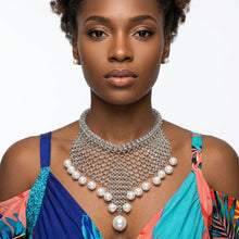 Load image into Gallery viewer, Silver Mesh Pearl Bib Necklace with Chain Fringe
