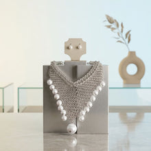 Load image into Gallery viewer, Silver Mesh Pearl Bib Necklace with Chain Fringe
